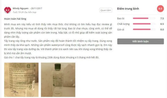 review nước tẩy trang tonymoly green tea