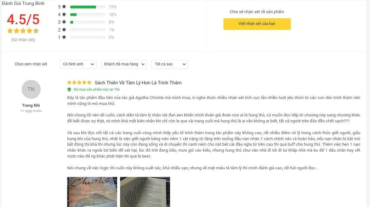 Đánh giá của người đọc trên Tiki về cuốn tiểu thuyết Mười Người Da Đen Nhỏ 