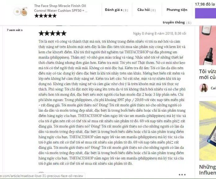 Đánh giá của khách hàng dùng sản phẩm trên trang Influenster (nguồn ảnh: BlogAnChoi).