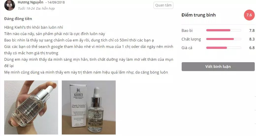 đánh giá đánh giá kiehls