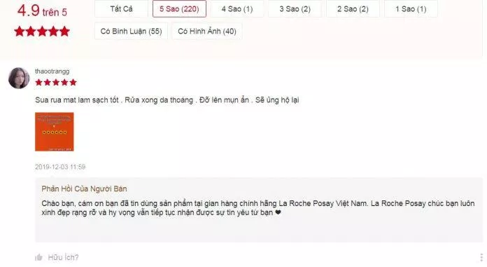 Đánh giá của khách hàng về sản phẩm sữa rửa mặt La Roche-Posay Effaclar Deep Cleansing Foaming Cream trên Shopee đánh giá laroche 2