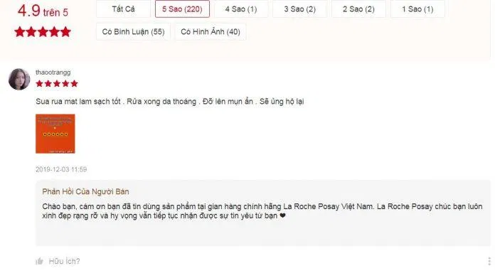 Đánh giá của khách hàng về sản phẩm sữa rửa mặt La Roche-Posay Effaclar Deep Cleansing Foaming Cream trên Shopee đánh giá laroche 2