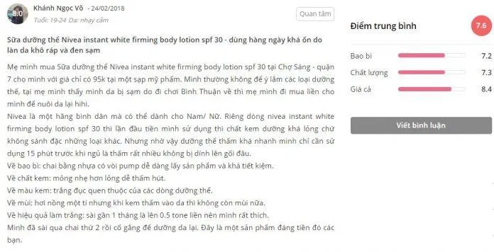 Đánh giá của một khách hàng về sản phẩm trên Sheis.vn đánh giá