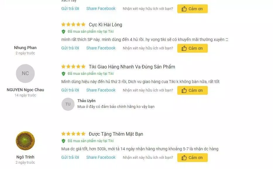 Đánh giá của khách hàng sử dụng sản phẩm trên trang Tiki (nguồn ảnh: BlogAnChoi).