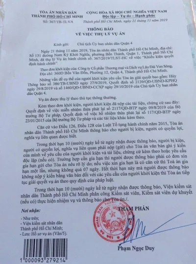 thông báo thụ lý đơn kiện của công ty lâu đài ven sông