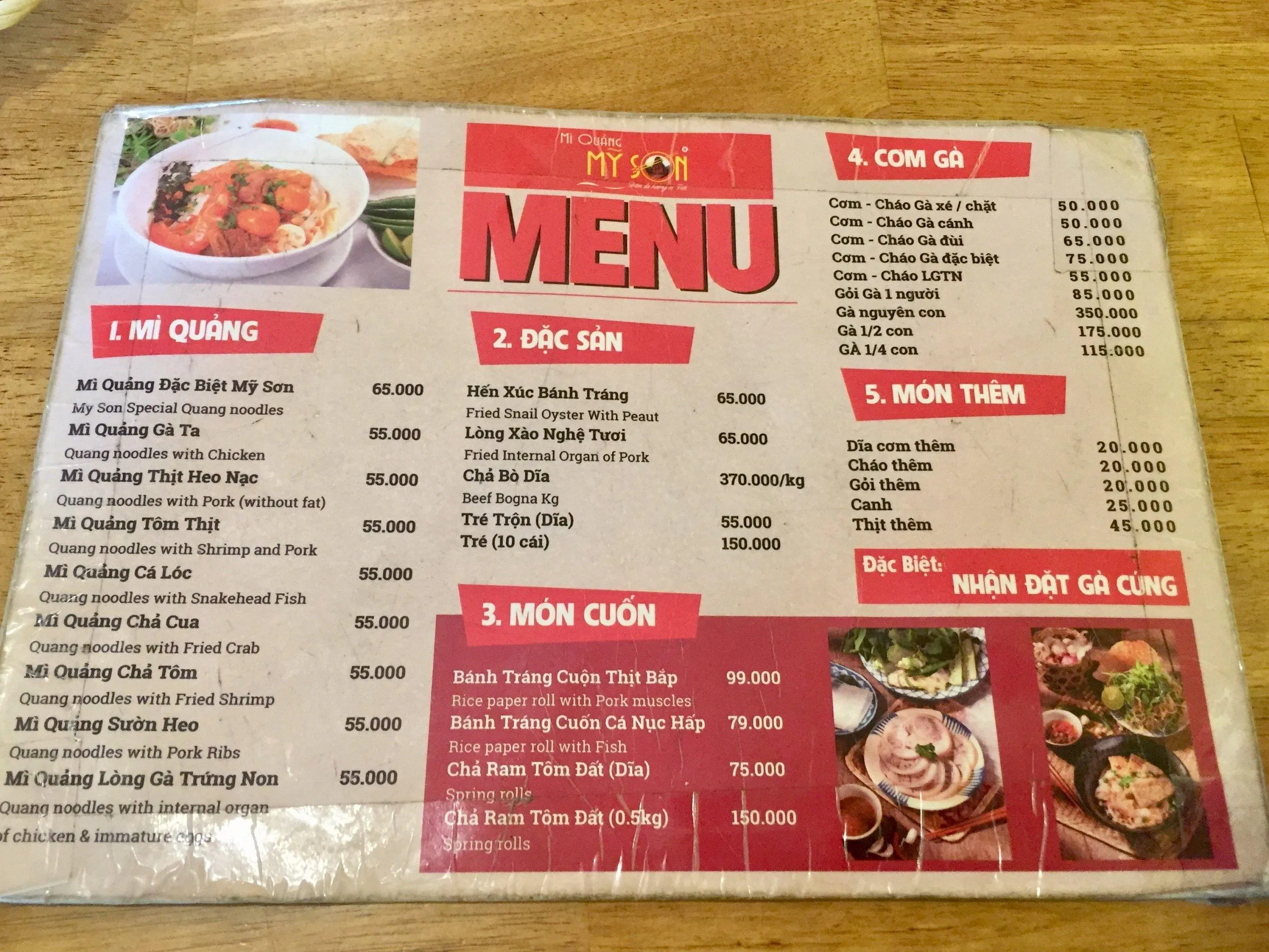 menu tại quán