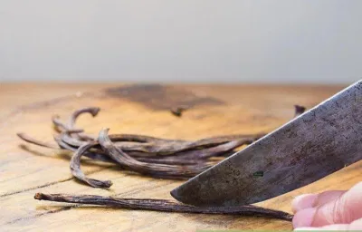 Tách đôi quả vani khô, dùng thìa cạo bột bên trong ra để sử dụng Tách đôi quả vani khô, dùng thìa cạo bột bên trong ra để sử dụng (Ảnh: Internet)