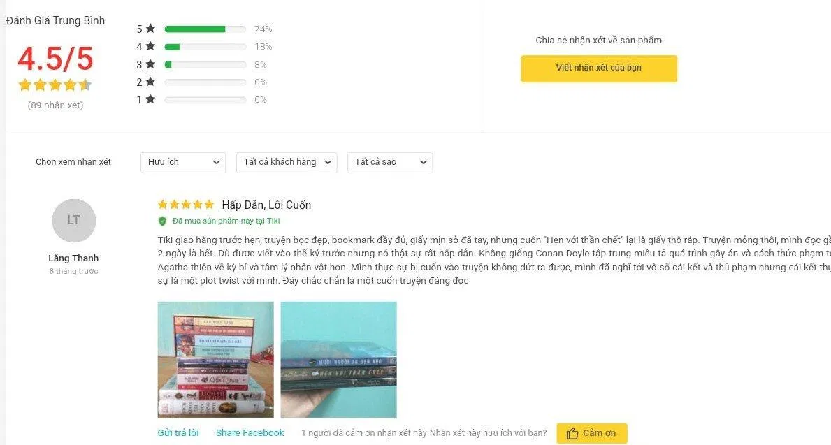 Đánh giá của người đọc trên Tiki về cuốn tiểu thuyết Hẹn Với Thần Chết