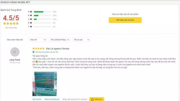 Đánh giá của người đọc trên Tiki về cuốn tiểu thuyết Án Mạng Trên Sông Nile Đánh giá của người đọc trên Tiki về cuốn tiểu thuyết Án Mạng Trên Sông Nile
