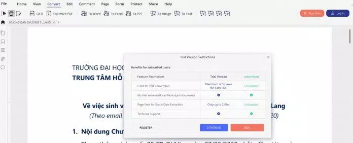 Sau khi mở file. bạn chọn nút Convert trên thanh công cụ, rồi chuyển sang định dạng Word bằng cách nhấn To Word. Ảnh: BlogAnChoi