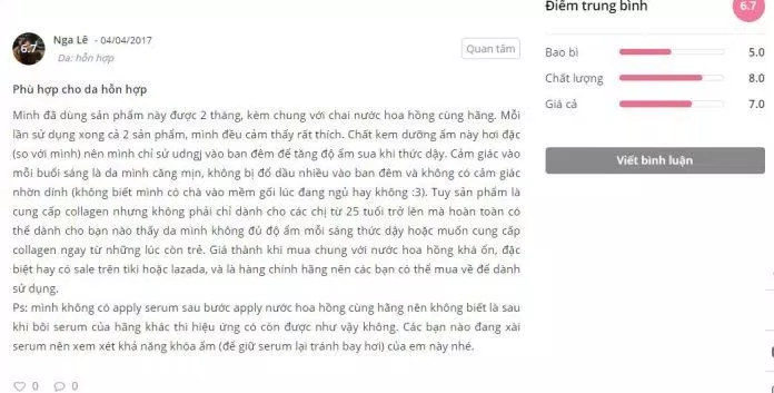 Nhận xét của một khách hàng về sản phẩm trên Sheis.vn đánh giá