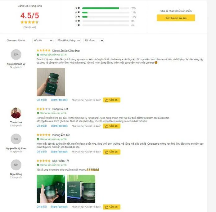 Đánh giá của khách hàng tại Tiki (ảnh: BlogAnChoi)