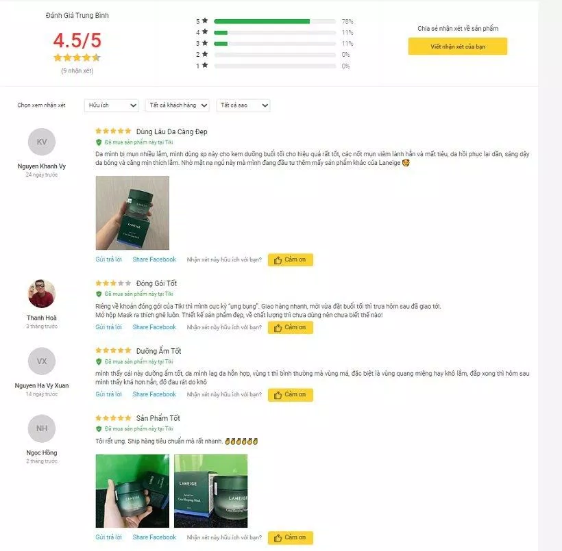 Đánh giá của khách hàng tại Tiki (ảnh: BlogAnChoi)