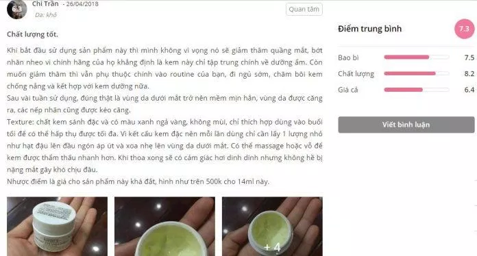 Đánh giá của khách hàng đã sử dụng sản phẩm Creamy Eye Treatment With Avocado trên trang Sheis.vn đánh giá kiehls