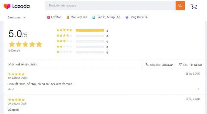Đánh giá của khách hàng sử dụng sản phẩm trên trang Lazada (nguồn ảnh: BlogAnChoi).
