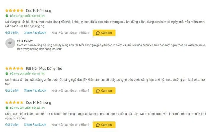 Đánh giá từ khách hàng đã sử dụng sản phẩm trên trang Tiki Đánh giá từ khách hàng đã sử dụng sản phẩm trên trang Tiki (Ảnh: BlogAnChoi)