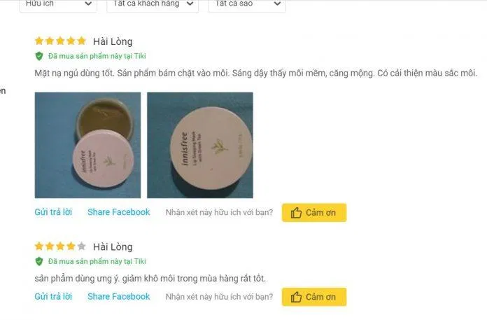 Đánh giá từ khách hàng đã sử dụng sản phẩm trên trang Tiki Đánh giá từ khách hàng đã sử dụng sản phẩm trên trang Tiki (Ảnh: BlogAnChoi)