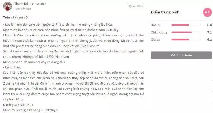 Đánh giá của khách hàng đã sử dụng sản phẩm Roc Retinol Correxion Eye Cream trên trang Sheis.vn đánh giá