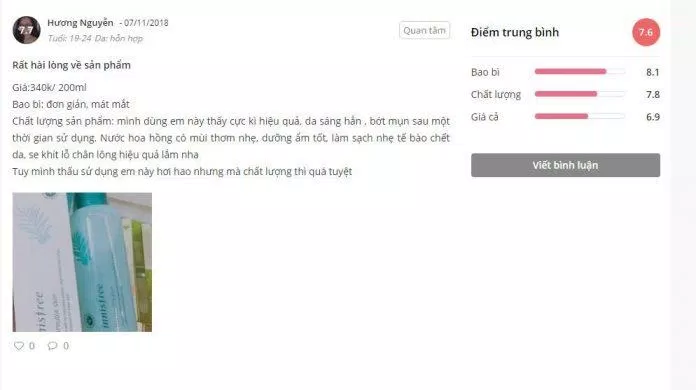 Đánh giá của khách hàng sử dụng sản phẩm trên trang Sheis (nguồn ảnh: BlogAnChoi).