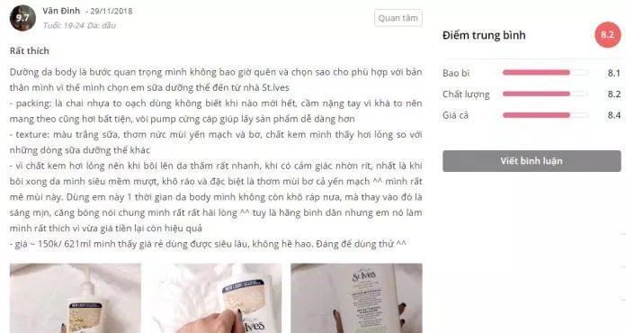 Một review của khách hàng đã sử dụng sản phẩm trên Sheis.vn đánh giá stives