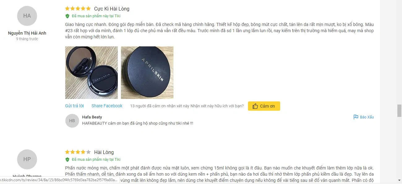 Đánh giá của khách hàng sử dụng sản phẩm trên trang Tiki (nguồn ảnh: BlogAnChoi).