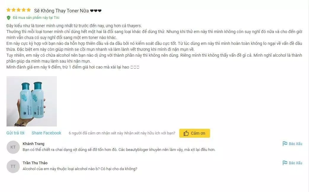 Đánh giá của khách hàng sử dụng sản phẩm trên trang Tiki (nguồn ảnh: BlogAnChoi).