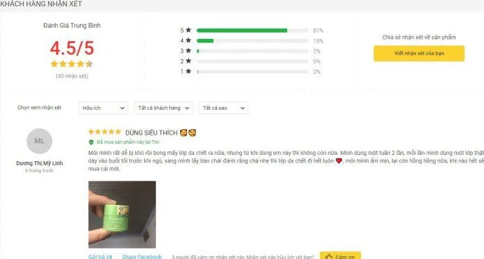Đánh giá từ khách hàng đã sử dụng sản phẩm trên trang Tiki Đánh giá từ khách hàng đã sử dụng sản phẩm trên trang Tiki (Ảnh: BlogAnChoi)