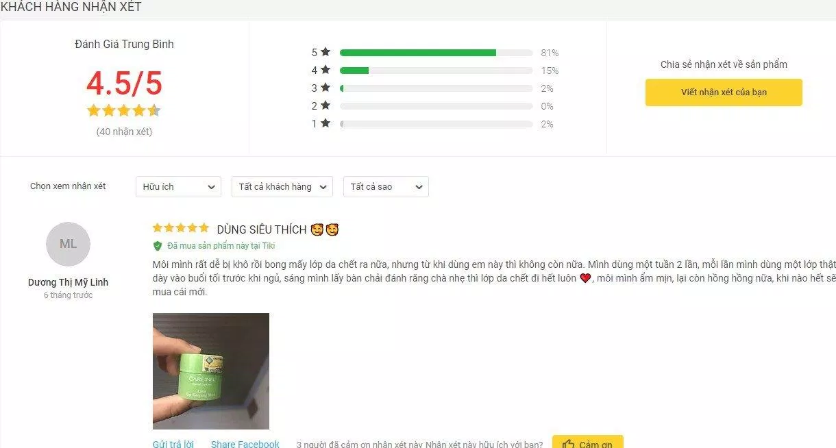 Đánh giá từ khách hàng đã sử dụng sản phẩm trên trang Tiki (Ảnh: BlogAnChoi)