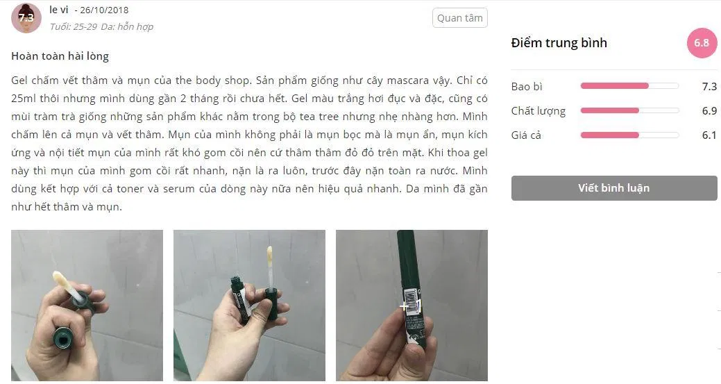 Đánh giá của khách hàng đã sử dụng sản phẩm The Body Shop Tea Tree Targeted Gel trên Sheis.vn kem trị thâm the body shop