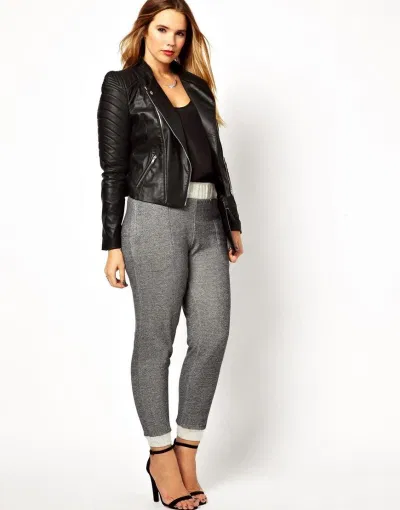 Áo khoác da phối quần jean cho người mập mạp. (nguồn ảnh: internet.) Áo khoác da phối quần jean cho người mập mạp. (nguồn ảnh: internet.)