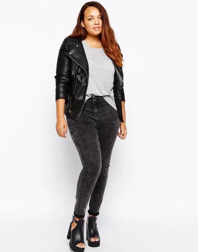 Áo khoác da phối quần jean cho người mập mạp. (nguồn ảnh: internet.) Áo khoác da phối quần jean cho người mập mạp. (nguồn ảnh: internet.)