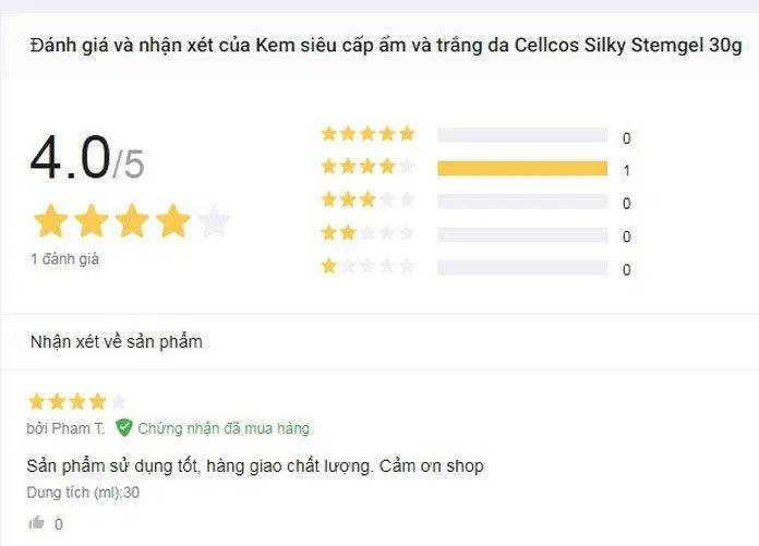 Review kem dưỡng Cellcos Silky Stemgel từ khách hàng trên Lazada