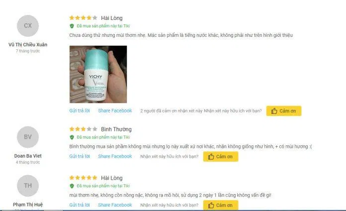 Review đánh giá của khách hàng sử dụng lăn khử mùi vùng da cánh Vichy tại Tiki. (Ảnh: BlogAnChoi) Review đánh giá của khách hàng sử dụng lăn khử mùi vùng da cánh Vichy tại Tiki. (Ảnh: BlogAnChoi)