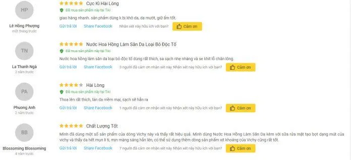 Review đánh giá của khách hàng sử dụng nước hoa hồng cân bằng Vichy tại Tiki. (Ảnh: BlogAnChoi) Review đánh giá của khách hàng sử dụng nước hoa hồng cân bằng Vichy tại Tiki. (Ảnh: BlogAnChoi)