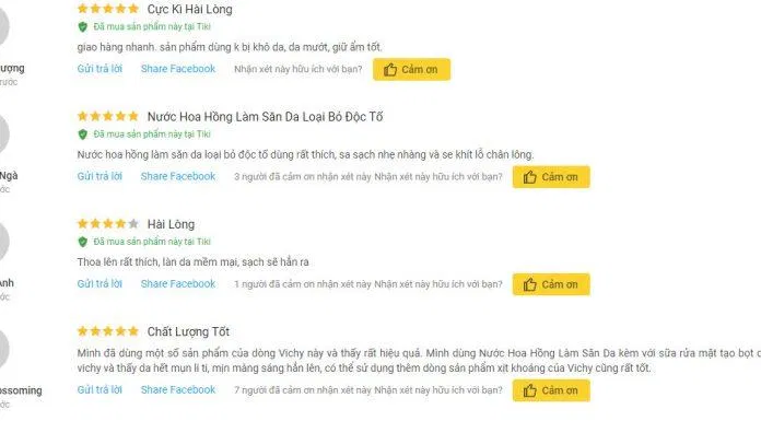 Review đánh giá của khách hàng sử dụng nước hoa hồng cân bằng Vichy tại Tiki. (Ảnh: BlogAnChoi) Review đánh giá của khách hàng sử dụng nước hoa hồng cân bằng Vichy tại Tiki. (Ảnh: BlogAnChoi)