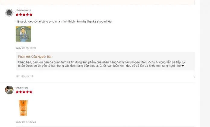 Đánh giá của khách hàng sử dụng kem chống nắng 3 in 1 Vichy tại Shopee. (Ảnh: BlogAnChoi) Đánh giá của khách hàng sử dụng kem chống nắng 3 in 1 Vichy tại Shopee. (Ảnh: BlogAnChoi)