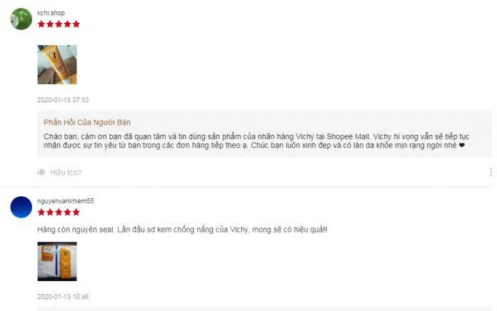 Đánh giá của khách hàng sử dụng kem chống nắng 3 in 1 Vichy tại Shopee. (Ảnh: BlogAnChoi) Đánh giá của khách hàng sử dụng kem chống nắng 3 in 1 Vichy tại Shopee. (Ảnh: BlogAnChoi)
