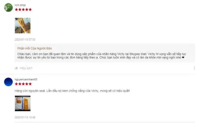 Đánh giá của khách hàng sử dụng kem chống nắng 3 in 1 Vichy tại Shopee. (Ảnh: BlogAnChoi) Đánh giá của khách hàng sử dụng kem chống nắng 3 in 1 Vichy tại Shopee. (Ảnh: BlogAnChoi)