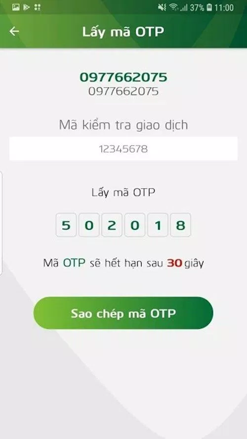 Cách lấy mã OTP trên ứng dụng Vietcombank Smart OTP. Ảnh: internet