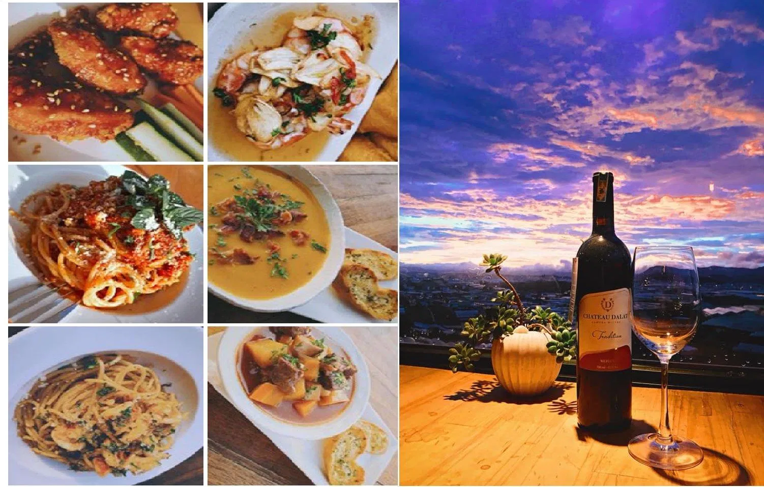 Đồ ăn được trang trí đẹp mắt, không kém phần đậm chất Đà Lạt với ly rượu vang (Ảnh: Internet)