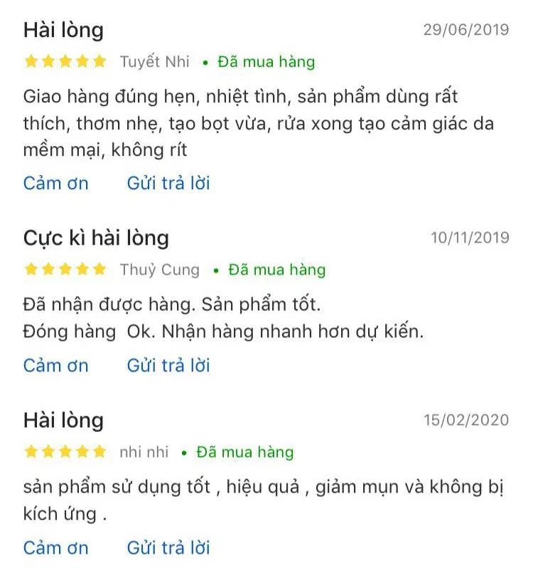 Đánh giá của khách hàng sử dụng sữa rửa mặt Caryophy Portulaca Cleansing Foam trên Tiki (nguồn: Internet)