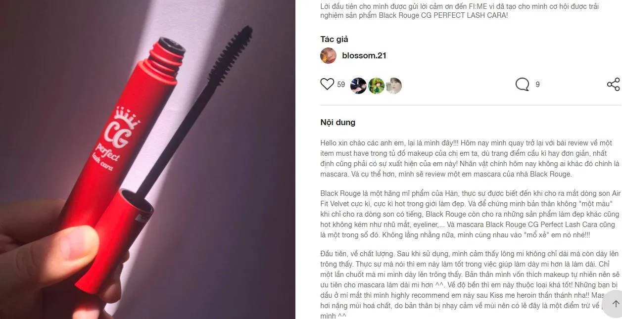 Mascara Black Rouge CG Perfect Lash Cara nhận được review rất tốt từ một bạn khách hàng trên fime.vn đánh giá black rouge cg perfect