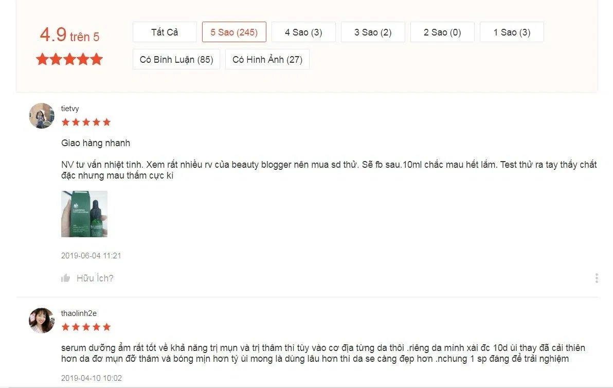 Đánh giá của khách hàng về tinh chất trị mụn Caryophy Portulaca Ampoule trên Shopee đánh giá caryophy