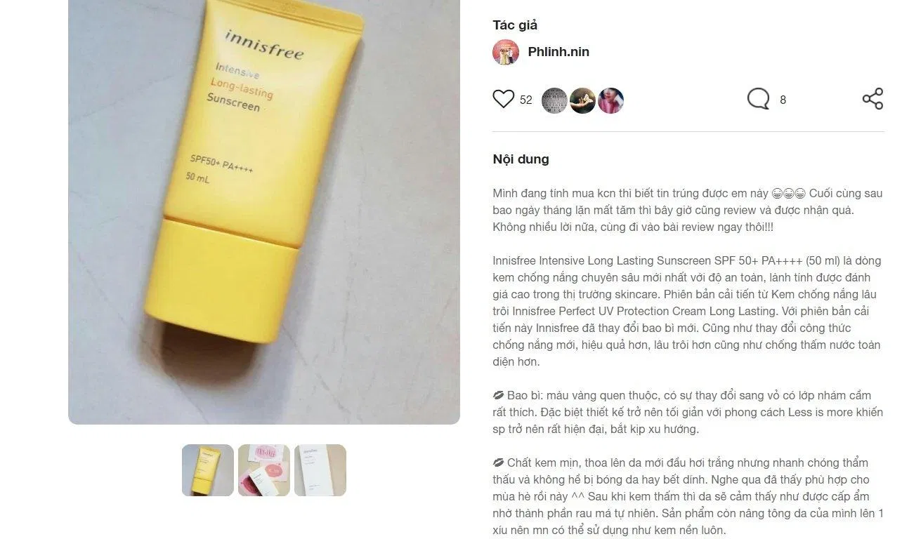 Review của một khách hàng đã sử dụng kem chống nắng Innisfree Intensive Long-Lasting Sunscreen SPF50+ PA++++ trên fime.vn đánh giá