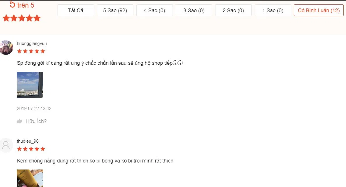 Khách hàng đánh giá rất tích cực về kem chống nắng Innisfree Intensive Long-Lasting Sunscreen SPF50+ PA++++ trên Shopee đánh giá kem chống nắng shopee