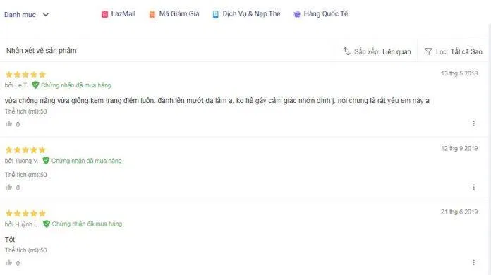 Đánh giá của khách hàng sử dụng sản phẩm trên trang Lazada (nguồn ảnh: BlogAnChoi).