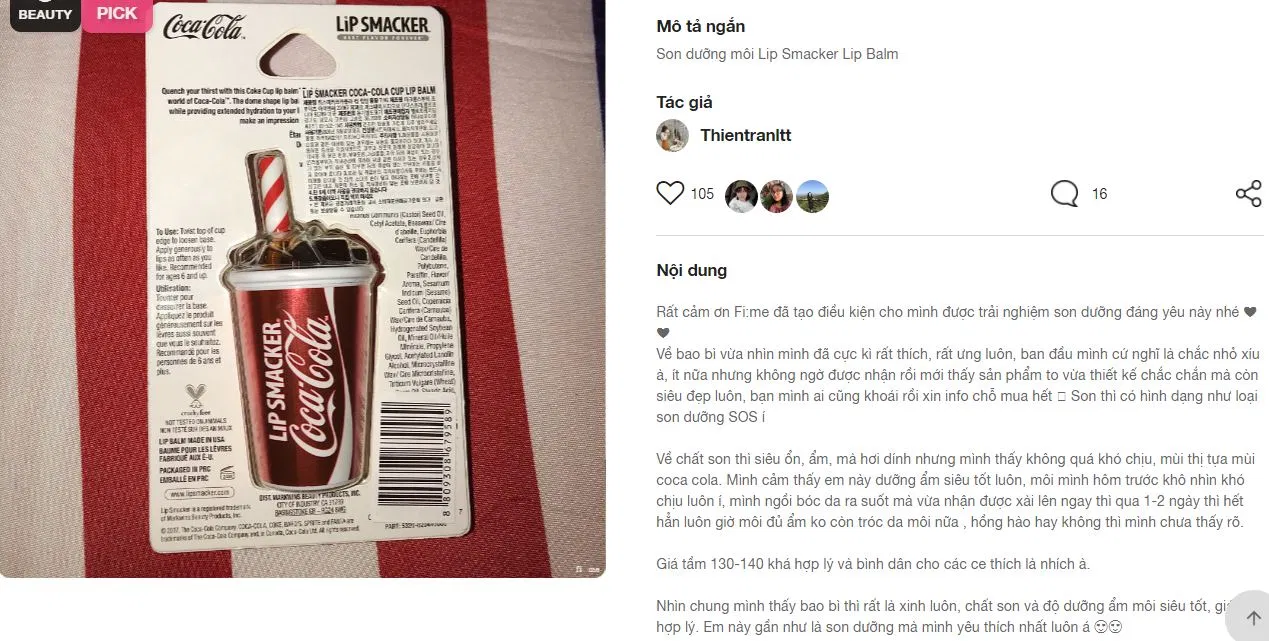 Khách hàng review rất tốt về son dưỡng môi Lip Smacker Soda Cup Lip Balm trên fime.vn đánh giá