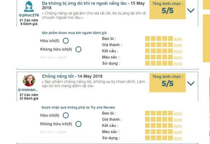 Đánh giá của khách hàng sử dụng sản phẩm trên trang Tryandreview (nguồn ảnh: BlogAnChoi).
