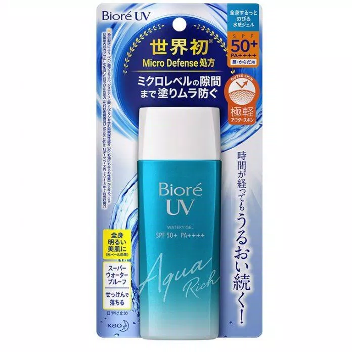 Bioré UV Aqua Rich Watery Gel SPF 50+ PA++++ dạng gel có chứa chiết xuất sữa ong chúa dưỡng ẩm cực tốt đồng thời giúp da tránh tia UV hiệu quả (ảnh: internet).