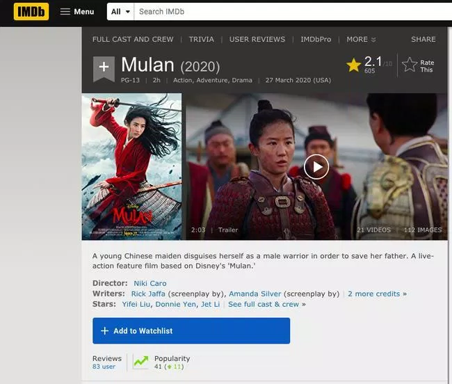 Mulan của Lưu Diệc Phi bị đánh giá 2 điểm IMDb, Disney ngừng chiếu toàn cầu